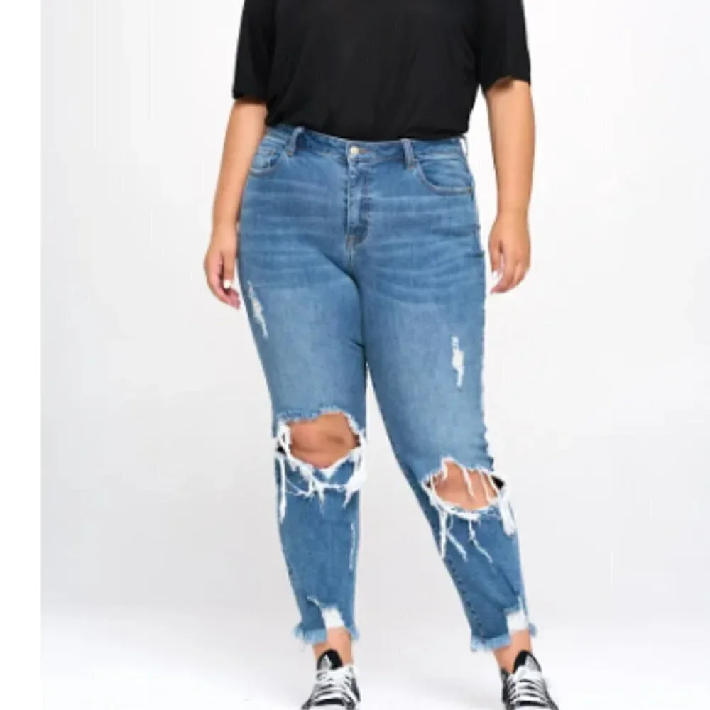 Women’s Medium Wash High Rise Distressed Raw Hem Straight Denim jeans